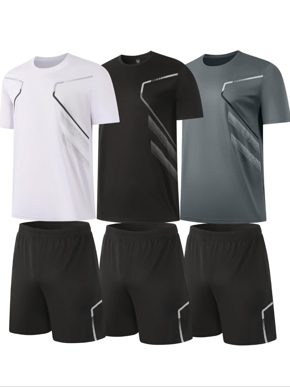 Men's Athletic Performance Tee and Shorts Set - White, Black, Gray. 3 Sets